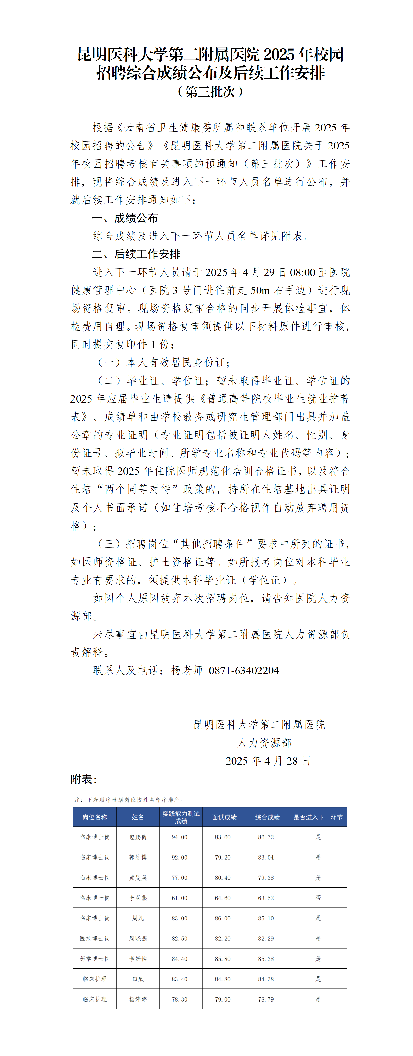 昆明医科大学第二附属医院2025年校园招聘综合成绩公布及后续工作安排_01.png